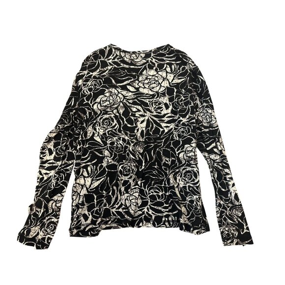 Chicos Size 2 L Black & White Floral Long Sleeve Top Cottage Stretch Career - Picture 4 of 4